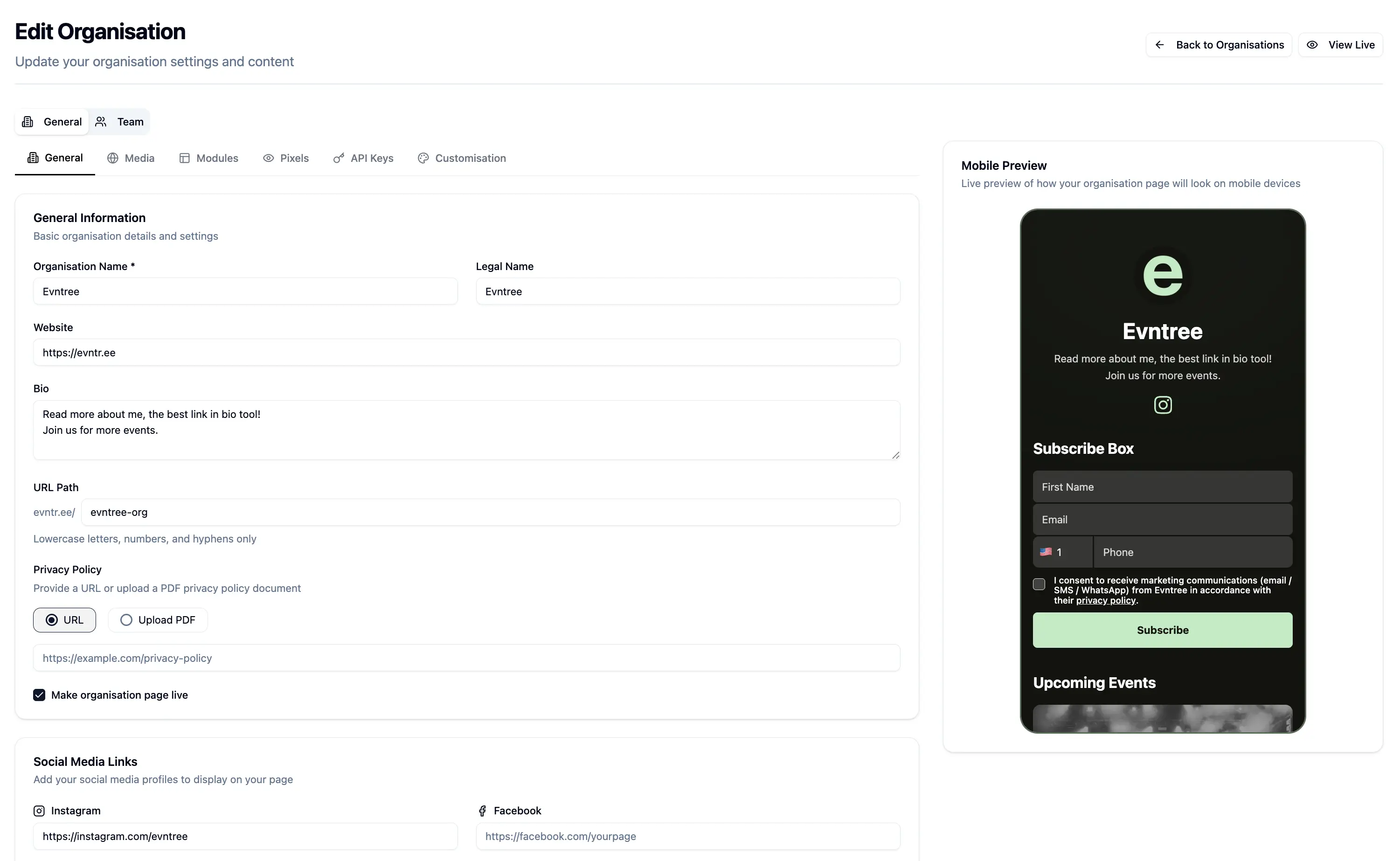 Organisation page management